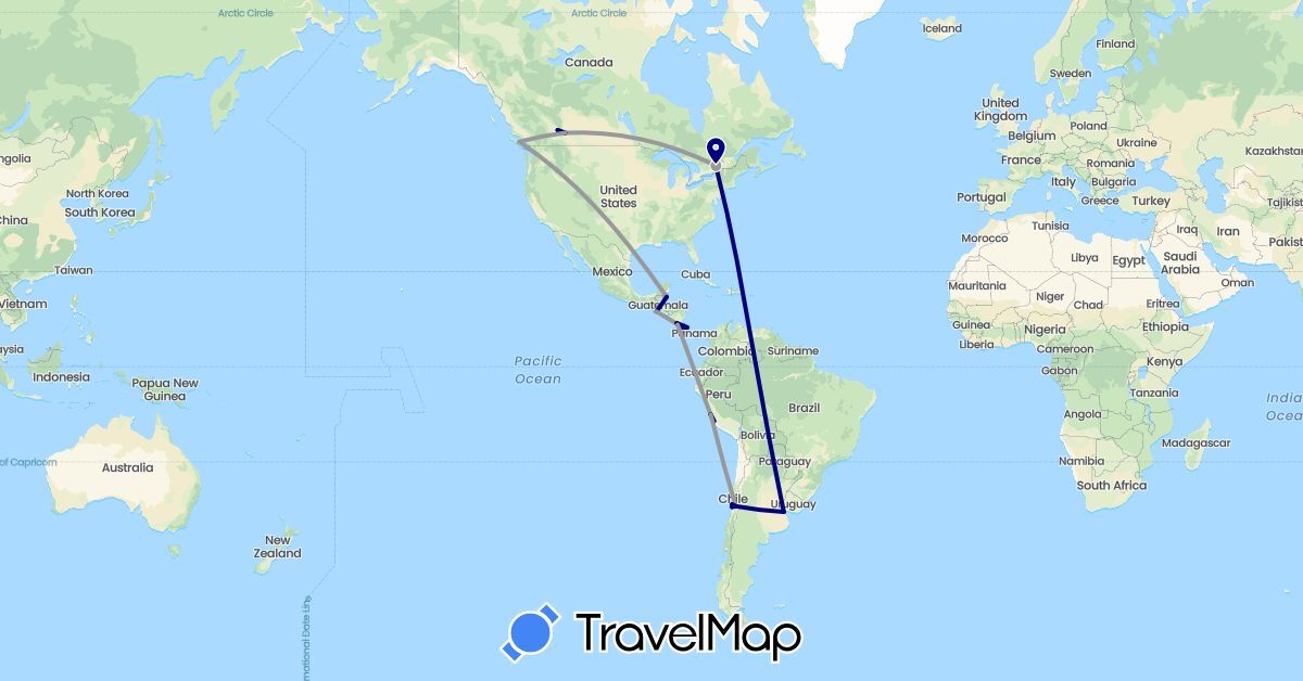 TravelMap itinerary: driving, plane in Argentina, Belize, Canada, Chile, Costa Rica, Guatemala, Peru (North America, South America)
